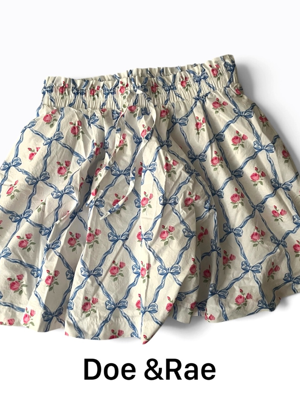 Doe & Rae White Floral Ribbon-Print Gathered Skirt